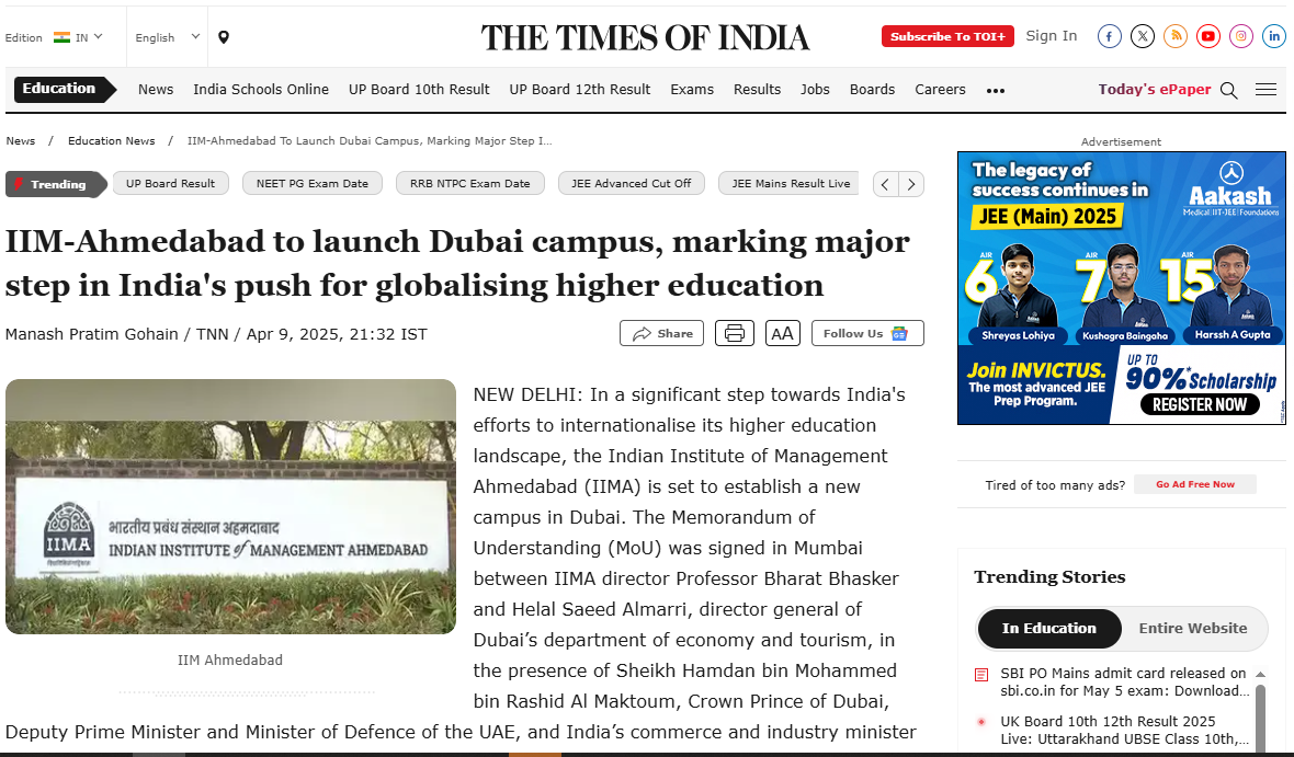 IIM-Ahmedabad to launch Dubai campus, marking major step in India's push for globalising higher education